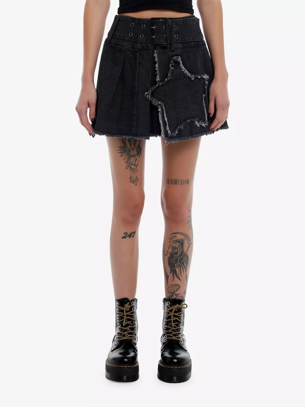 Hot Topic Social Collision Grey Frayed Star Pleated Denim Skirt Size LG NWT